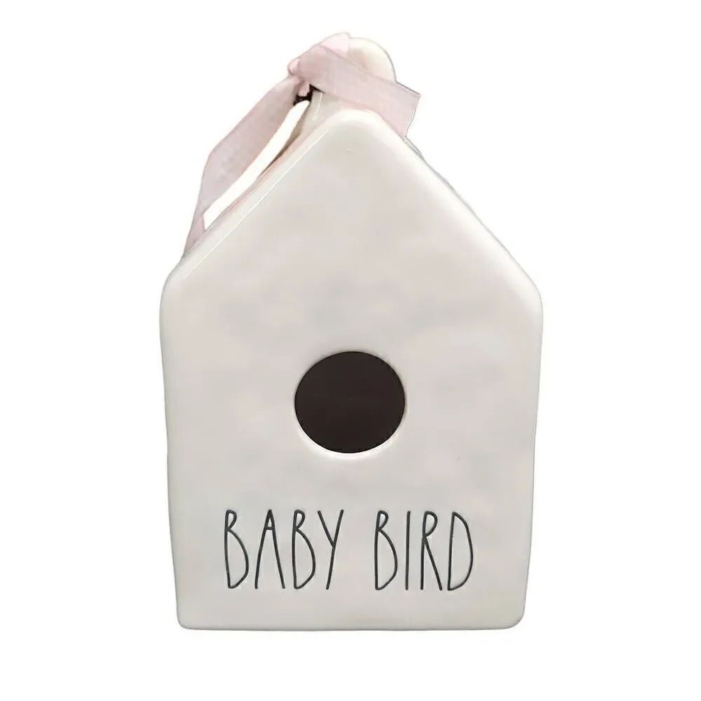 Rae Dunn White Black Baby Bird Ceramic Bird House with Pink Bow